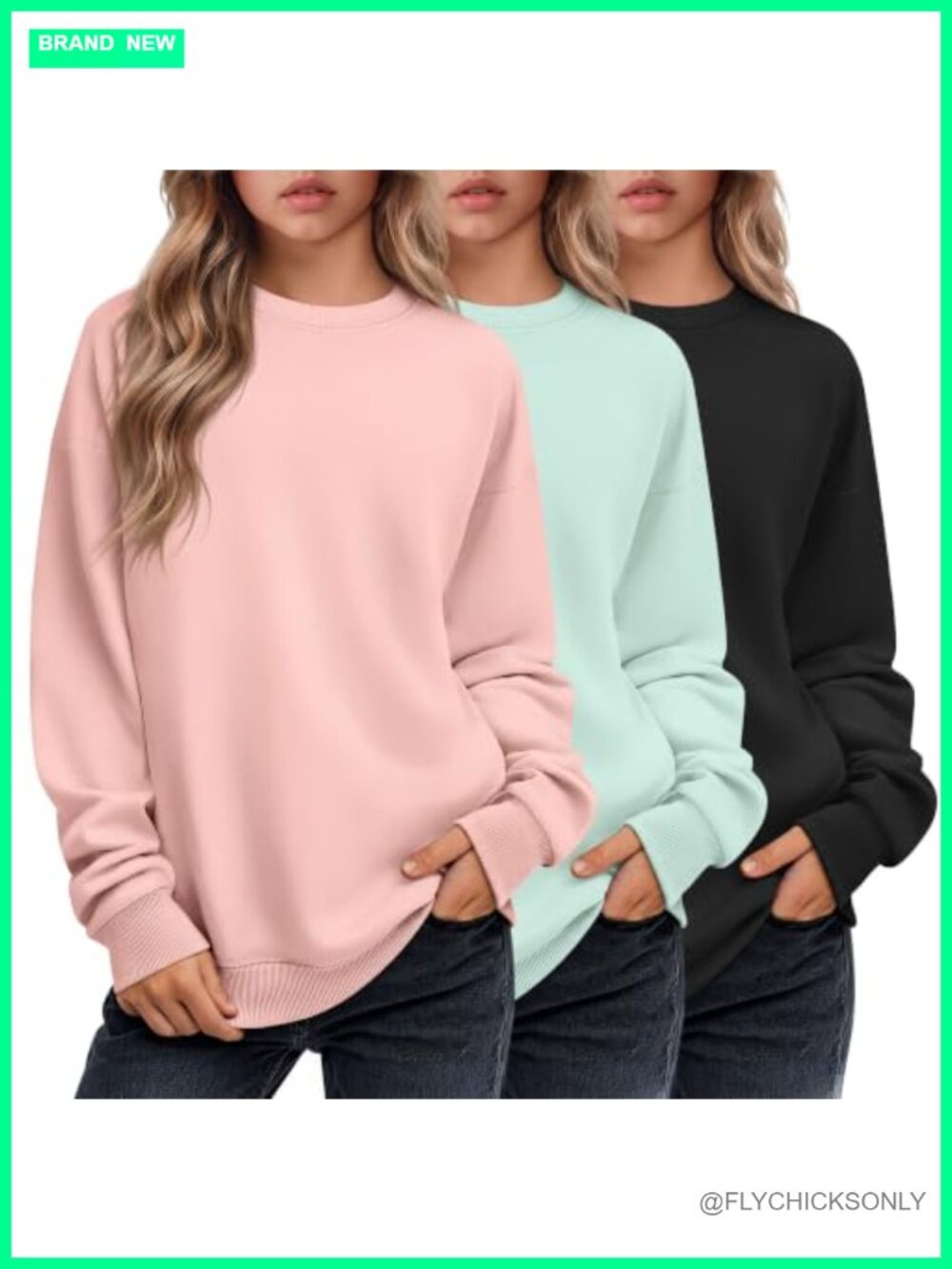 Girls 3 Pack Long Sleeve Sweatshirts Polyester Pullover Crew Neck